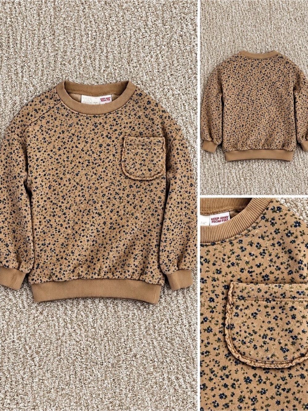 Zara Girls 6Y Floral Sweatshirt Tan Blue Flowers Pocket Boho Vintage Style